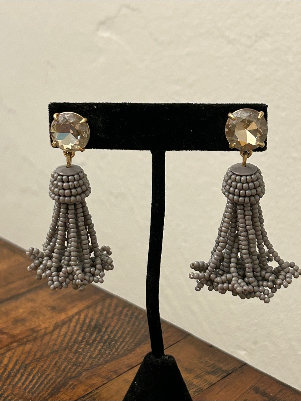 J. Crew Crystal-Top Gray Beaded Tassel Earrings